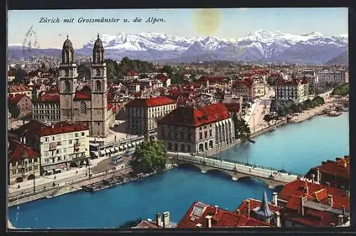 AK Zürich, Grossmünster und die Alpen