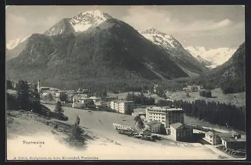 AK Pontresina, Ortsansicht gegen Bergpanorama