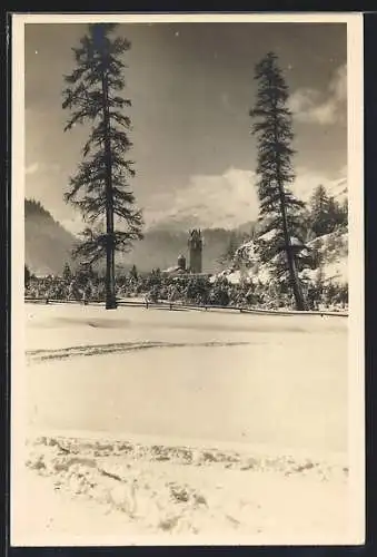 AK Celerina, Kirche St. Gian in erschneiter Berglandschaft