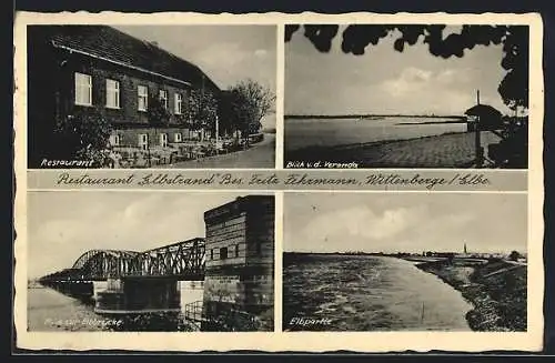 AK Wittenberge /Elbe, Restaurant Elbstrand, Blick von der Veranda, Elbbrücke