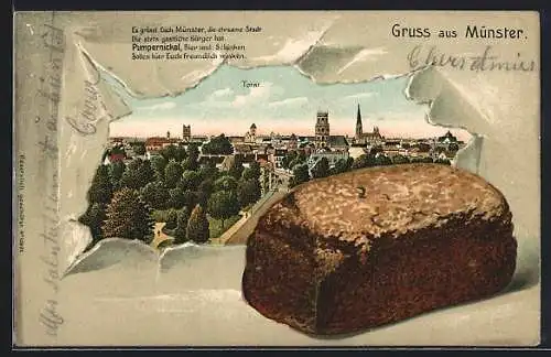 Passepartout-Lithographie Münster / Westfalen, Totalansicht mit Kirche, Brot