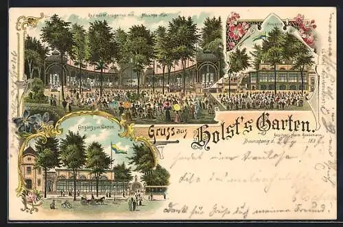 Lithographie Braunschweig, Gasthaus Holst`s Garten, Musikpavillon