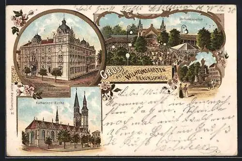 Lithographie Braunschweig, Gasthaus Wilhelmsgarten, Kathrainen-Kirche