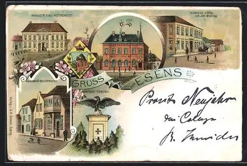 Lithographie Esens, Hotel Wessel, Buchbinderei G. H. Snoek, Witwenstift Wangelin