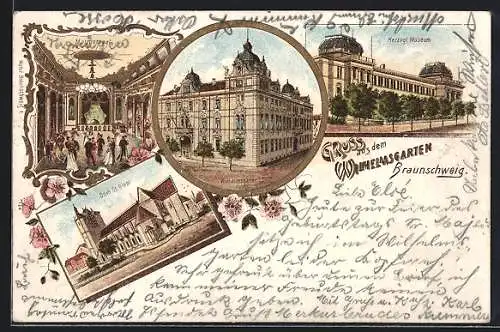 Lithographie Braunschweig, Gasthaus zum Wilhelmsgarten, Herzogl. Museum