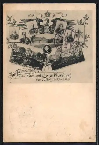 AK Würzburg, Fürstentage 1897, Grossherzog Ernst Ludwig von Hessen-Darmstadt, Kaiser Wilhelm II., Schloss, Reichsadler