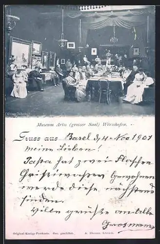 AK Wörishofen, Gasthof Museum Artis, Grosser Saal mit Gästen