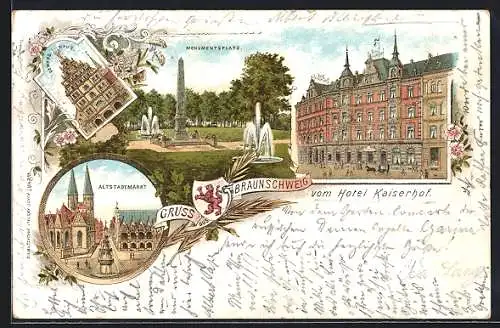 Lithographie Braunschweig, Hotel Kaiserhof, Monumentsplatz, Altstadtmarkt, Wappen
