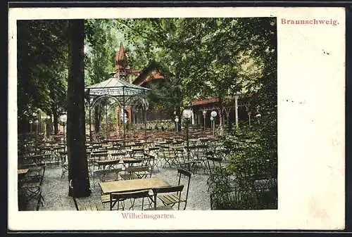 AK Braunschweig, Gasthaus Wilhelmsgarten, Gartenansicht mit Pavillon