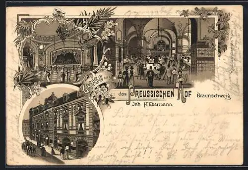 Lithographie Braunschweig, Gasthaus Preussischer Hof H. Ebermann, mit Innenansicht und Tanzsaal