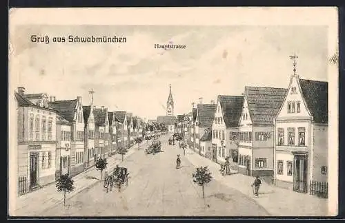 Künstler-AK Schwabmünchen, Hauptstrasse mit Kirche