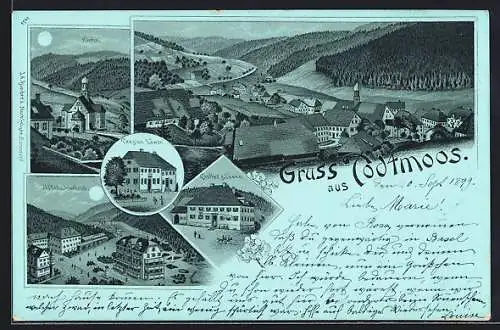 Mondschein-Lithographie Todtmoos, Pension und Gasthof zum Löwen, Hotel und Kurhaus, Ortsansicht mit Umgebung