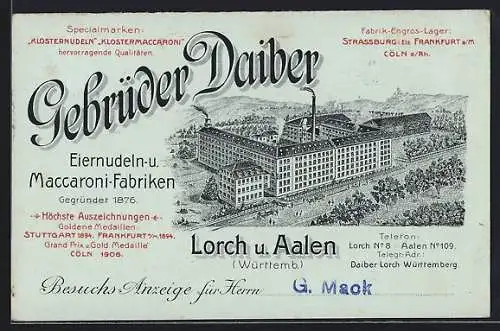 Lithographie Lorch /Remstal, Nudelfabrik Gebrüder Daiber mit Strasse und Umgebung aus der Vogelschau, Vertreterkarte