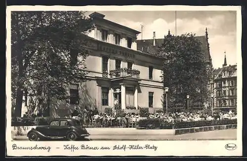 AK Braunschweig, Kaffee Börner am Platz, mit vollbesetzter Terrasse