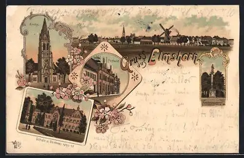 Lithographie Elmshorn, Postamt, Schule und Denkmal 1870-71, Kirche