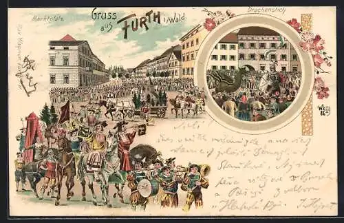 Lithographie Furth i /Wald, Marktplatz mit Festumzug, Drachenstich