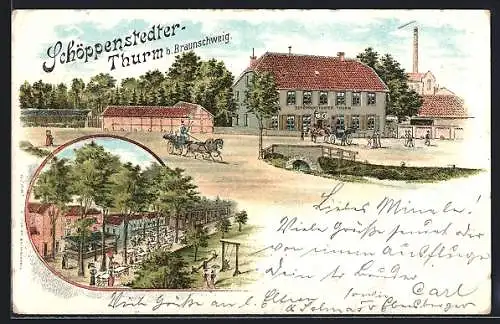 Lithographie Braunschweig, Gasthaus Schöppenstedter-Thurm mit Kutschen