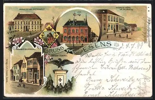 Lithographie Esens, Wessels Hotel, Inh. Joh. Wieting, G. H. Snoeks Buchbinderei, Wangelin`sches Wittwenstift