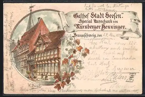 Lithographie Braunschweig, Gasthof Stadt Seesen, Bes. W. Dreyer