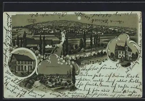 Mondschein-Lithographie Brötzingen, Handlung v. Carl Richter, Eisenbahnbrücke, Rathaus mit Brunnen