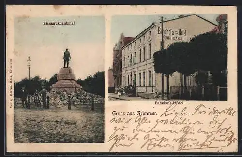 AK Grimmen, Bahnhofs-Hotel Herrmann Hass, Bismarckdenkmal