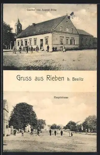 AK Rieben, Gasthaus von August Röhe, Hauptstrasse mit Passanten