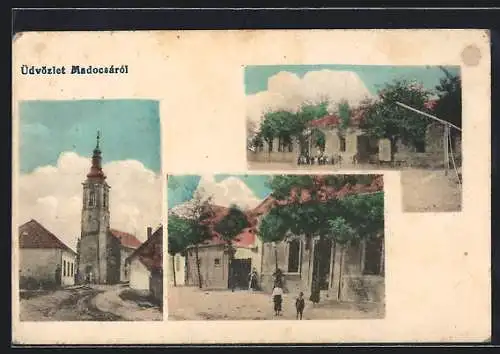 AK Madocsá, Strassenpartien mit Kirche