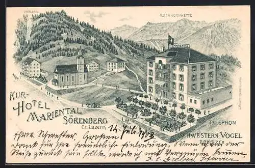 Lithographie Sörenberg /Kt. Luzern, Kur-Hotel Mariental gegen Rothornkette