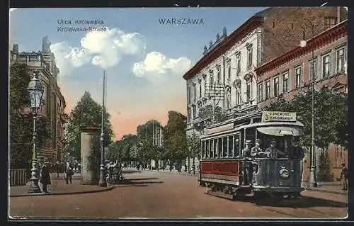 AK Warszawa, Ulica Królewska, Strassenbahn und Litfasssäule