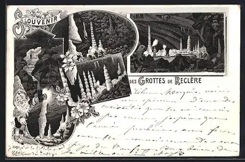 Lithographie Porrentruy, Grottes de Reclère, Besucher in den Tropfsteinhöhlen, Zwerg mit Grubenlicht