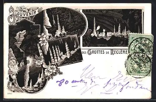 Lithographie Porrentruy, Grottes de Reclère, Besucher in den Tropfsteinhöhlen, Zwerg mit Grubenlampe