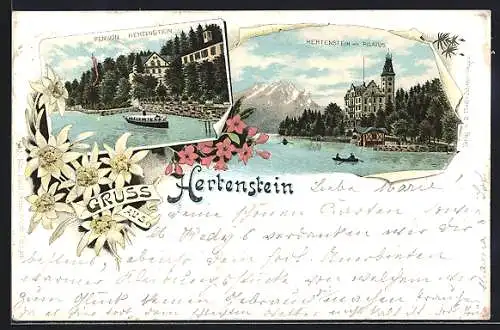 Lithographie Hertenstein, Pension Hertenstein und Dampfer, Panorama mit Pilatus