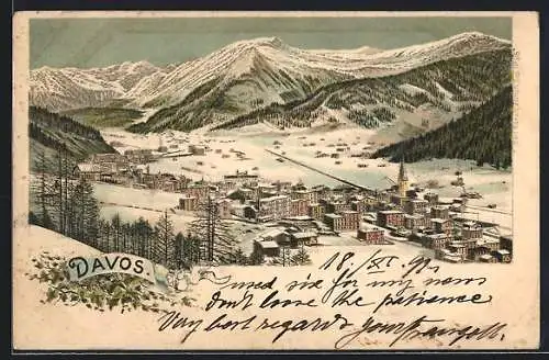 Lithographie Davos, Totalansicht im Winter