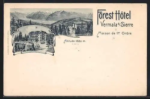 Lithographie Vermala sur Sierre, Forest Hotel, Panorama