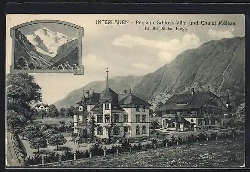 Künstler-AK Interlaken, Pension Schloss-Villa und Chalet Melèze