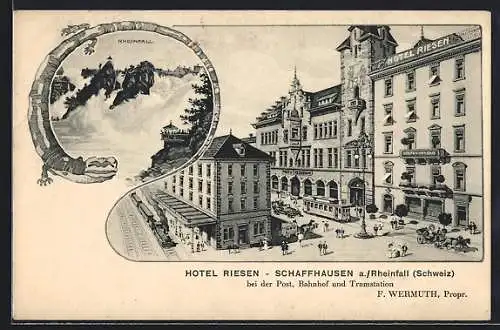 AK Schaffhausen a. Rheinfall, Hotel Riesen, Strassenbahn