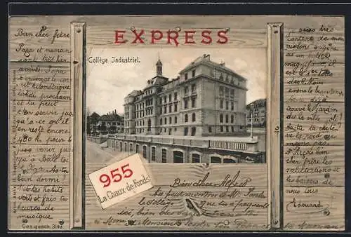 AK La Chaux-de-Fonds, College Industriel, Rahmung nach Art einer hölzernen Express-Kiste