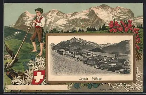Passepartout-Lithographie Leysin, Panoramablick auf das Dorf, Alphornbläser