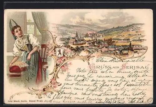 Lithographie Herisau, Panorama. Frau beim Klöppeln