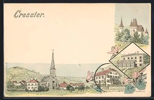 Lithographie Cressier, Ortsansicht, Kirche