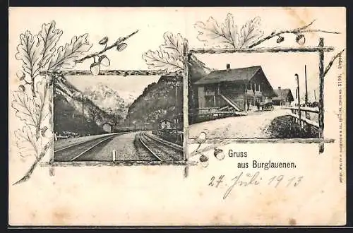 AK Burglauenen, Bahnstrecke, Strassenpartie mit Kutsche