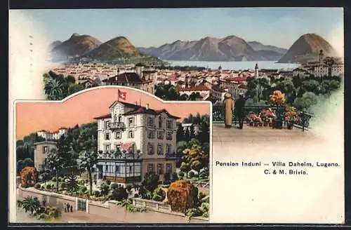 Künstler-AK Lugano, Pension Induni, Villa Daheim, Ortsansicht