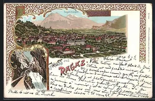 Lithographie Ragaz, Taminaschlucht Bad Pfäffers, Ortsansicht aus der Vogelschau