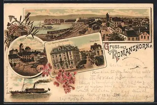 Lithographie Romanshorn, Hotel Bodan und Falken, Hyp.-Bank u. Postgebäude, Kirche, Schloss, Institut