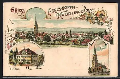 Lithographie Egelshofen-Kreuzlingen, Schulhaus, Kirche, Ortsansicht aus der Vogelschau