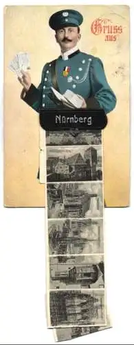Leporello-AK Nürnberg, Postbote mit Brieftasche, Henkerturm mit Burg, Frauenkirche, Dürerhaus, Peller-Haus