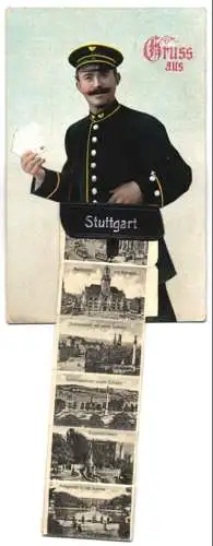 Leporello-AK Stuttgart, Briefträger mit aufgeklappter Tasche, Strassenbahn vor dem Königsbau, Eugensbrunnen
