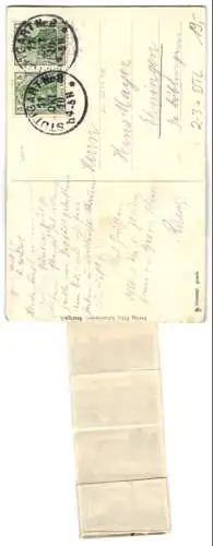 Leporello-AK Stuttgart, Briefträger mit aufgeklappter Tasche, Strassenbahn vor dem Königsbau, Eugensbrunnen