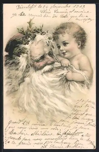 Künstler-AK Weihnachtsmann mit Baby