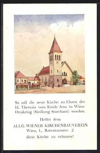 Künstler-AK Wien, Ottakring, Siedlung Starchant, Theresia-Kirche, Baustein